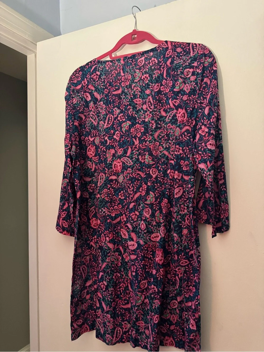 J. Crew Navy & Pink Floral Long Sleeve Tassel Tunic Dress